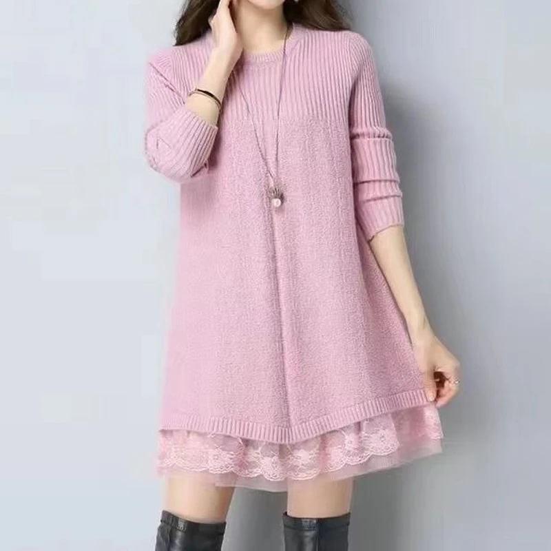 Autumn New Lace Patchwork Sweaters Solid Color Loose Long Sleeve O-neck Loose Knitting Pullovers Fashion Vintage Women Clothing