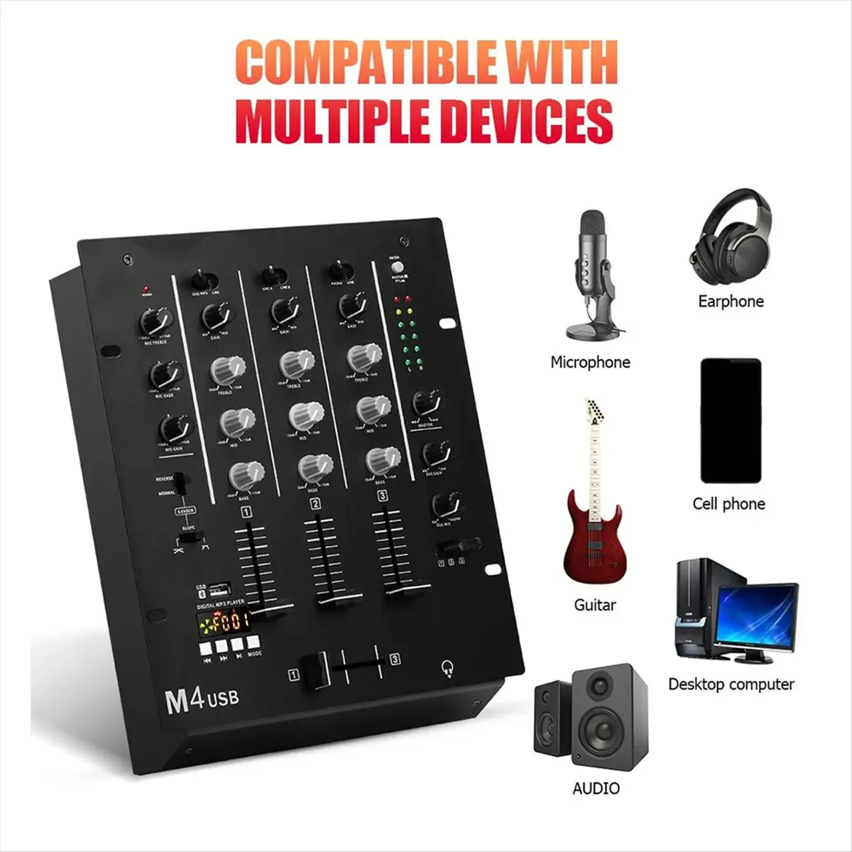A64I 3-Channel USB DJ Mixer with Built-in Audio Interface 3-Band EQ Microphone Input and Replaceable Crossfader US Plug