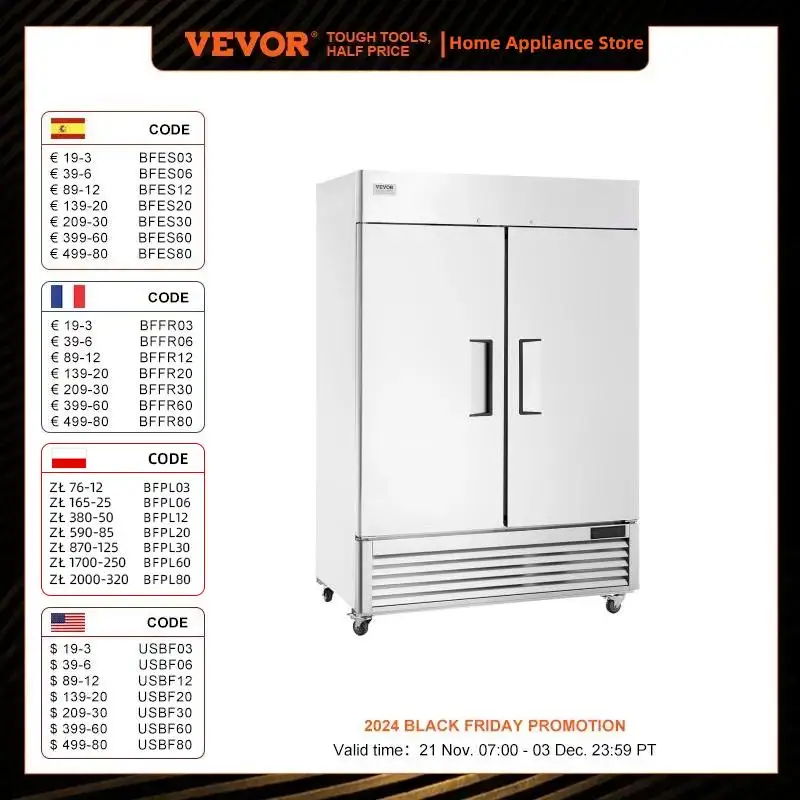 VEVOR Commercial Refrigerator 44 Cu.ft,Reach In Upright Refrigerator 2 Doors,Auto-Defrost Stainless Steel Reach-in Refrigerator