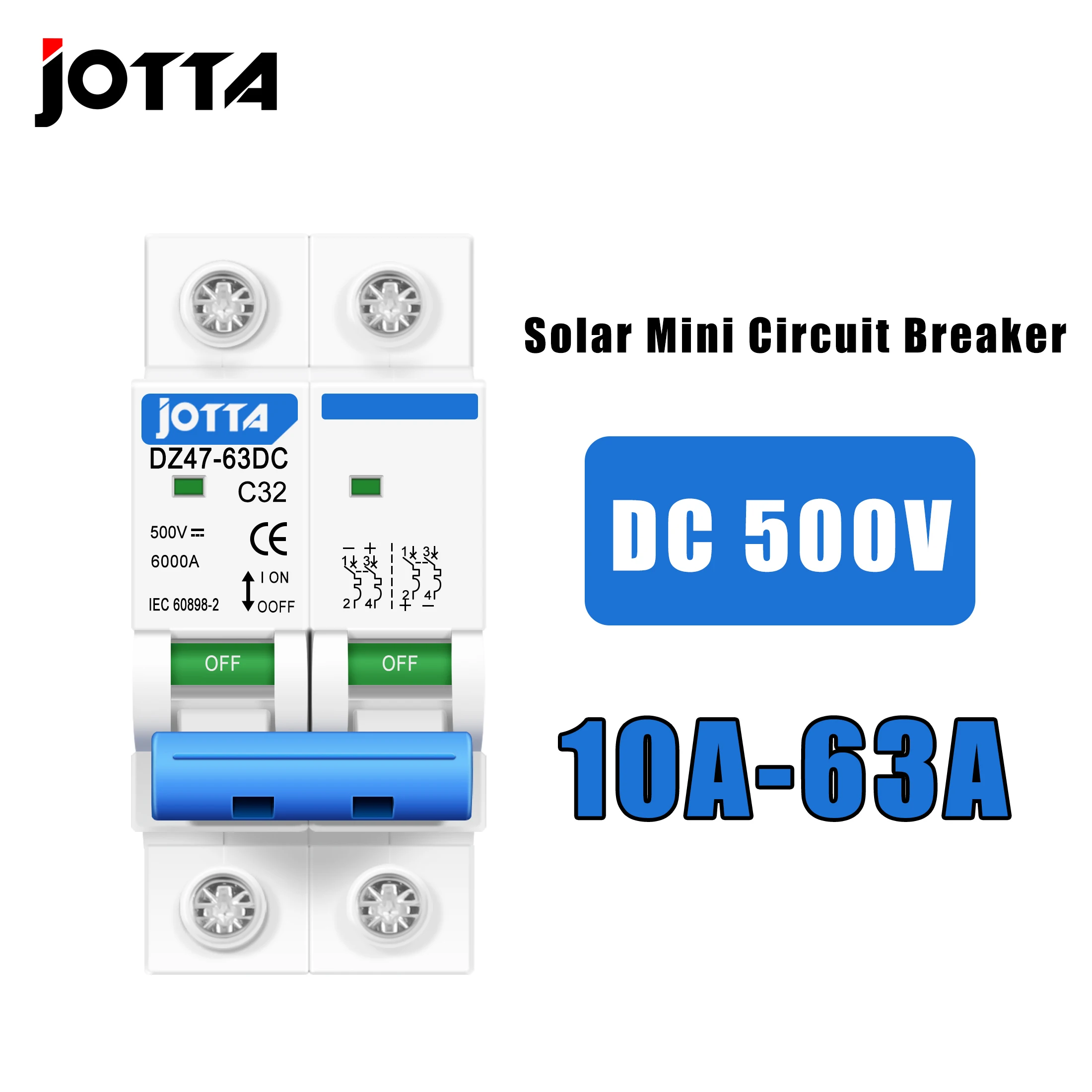 2P 500V DC Miniature Circuit Breaker 10A 16A 20A 25A 32A 40A 63A DC MCB For Photovoltaic PV Solar System