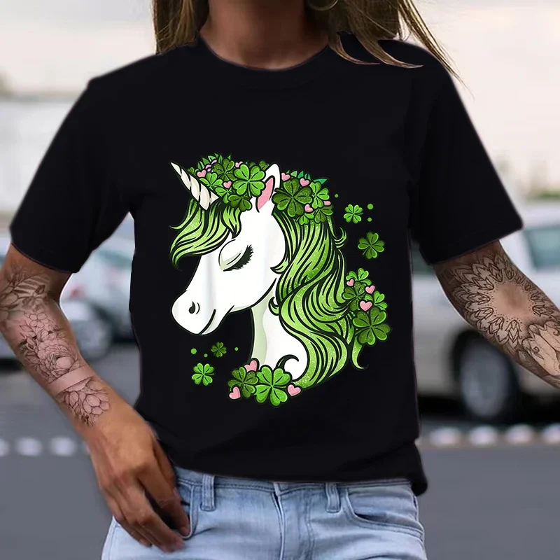 Koszulka z krótkim rękawem Shamrock & Horse Graphic dla kobiet Dziewczyny Pullover Tops Letnie ubrania Koszulki na Dzień Świętego Patryka dla kobiet