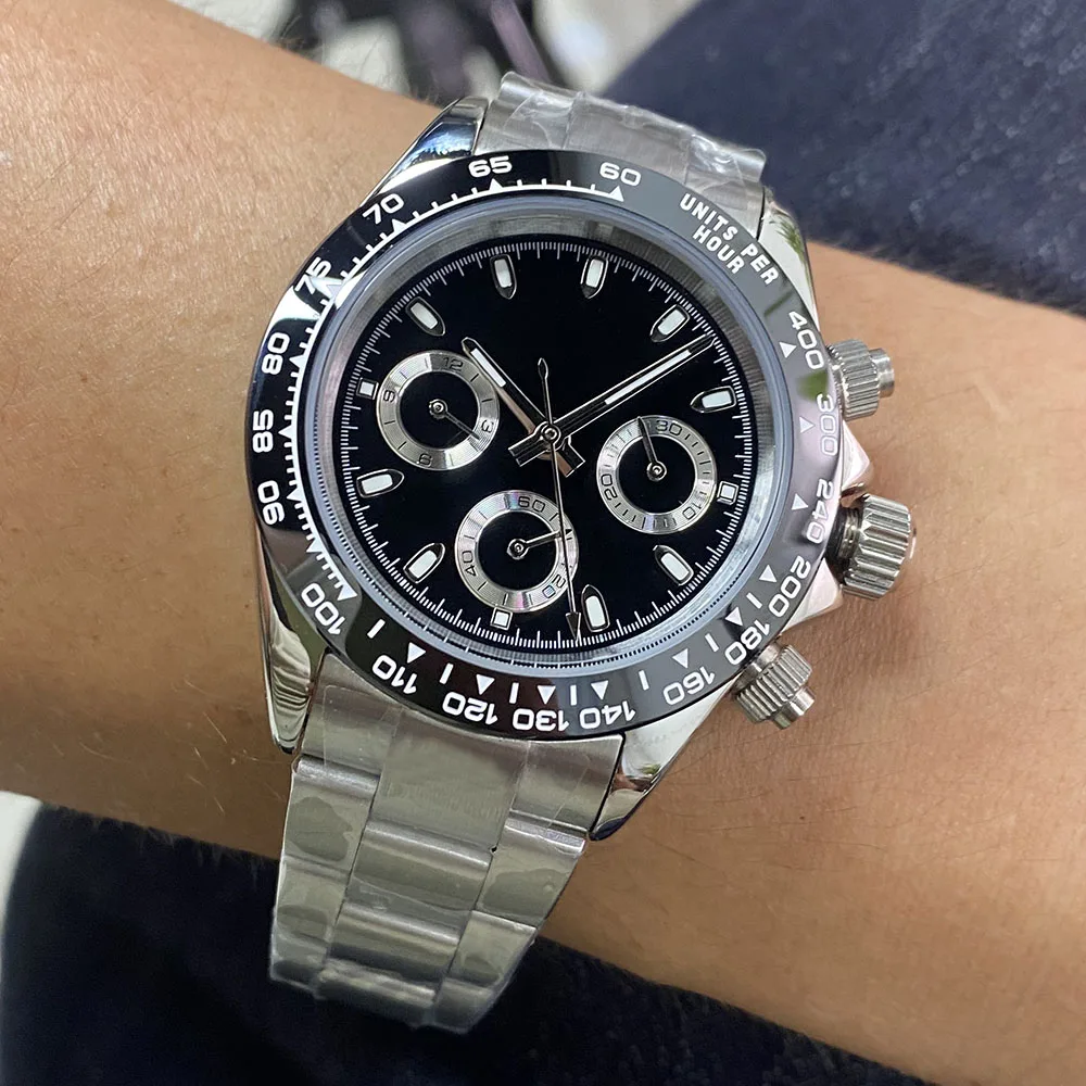 Aseptic Three Eye Running Sports Black Men's Watch Bezel 40MM Black Dial Chronograph VK63 Quartz Multifunctional Light Steel Bar
