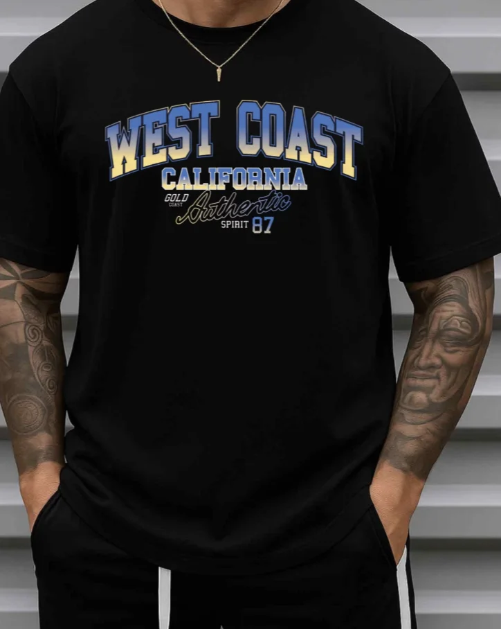 Men'S West Coast Los Angeles Graphic T-Shirt Black Casual Short Sleeve Round Neck Tee with Vintage LA Lettering & Surf Culture