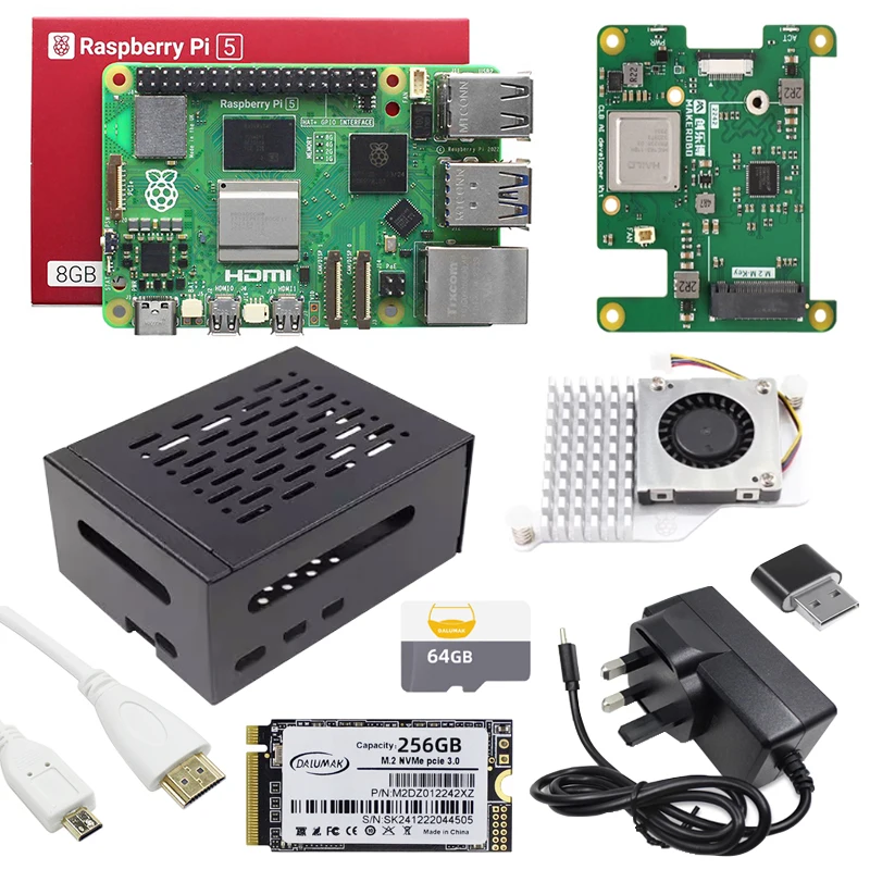 Raspberry Pi 5 AI HAT Development Board Kit with Case Fan and SD Card Power Supply Designed for Linux Operation