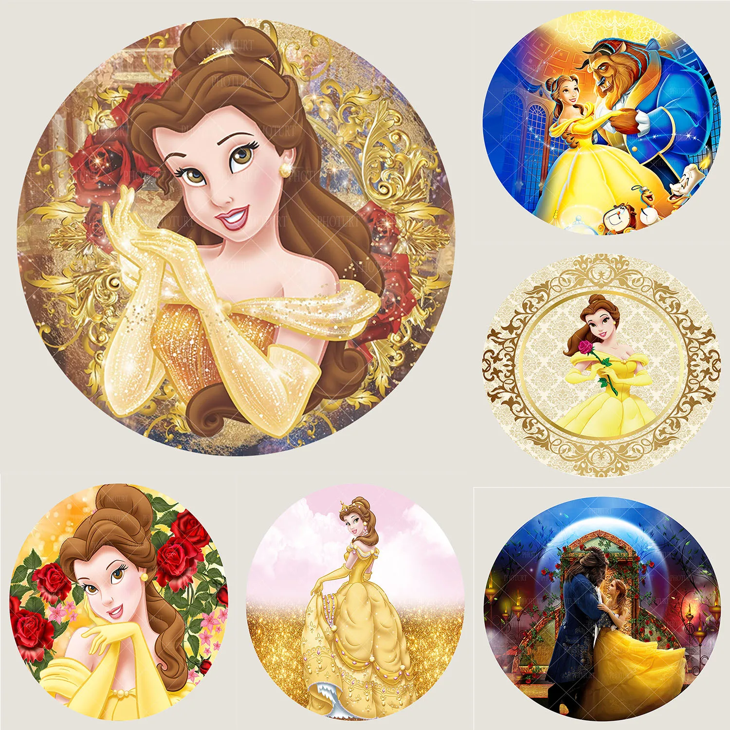 

Round Beauty and the Beast Princess Belle Background Girl Birthday Party Backdrop Golden Circle Banner Photography Studios Props