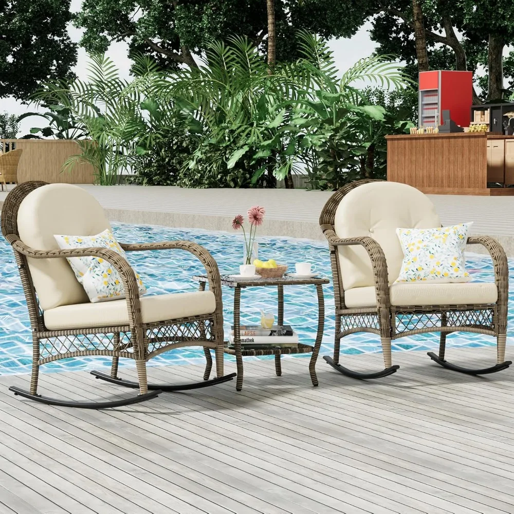 

3 Pieces Patio Conversation Set, Lounge Rocking Chair with Cushion and Coffee Table, Wicker Bistro Set, Outdoor Furniture