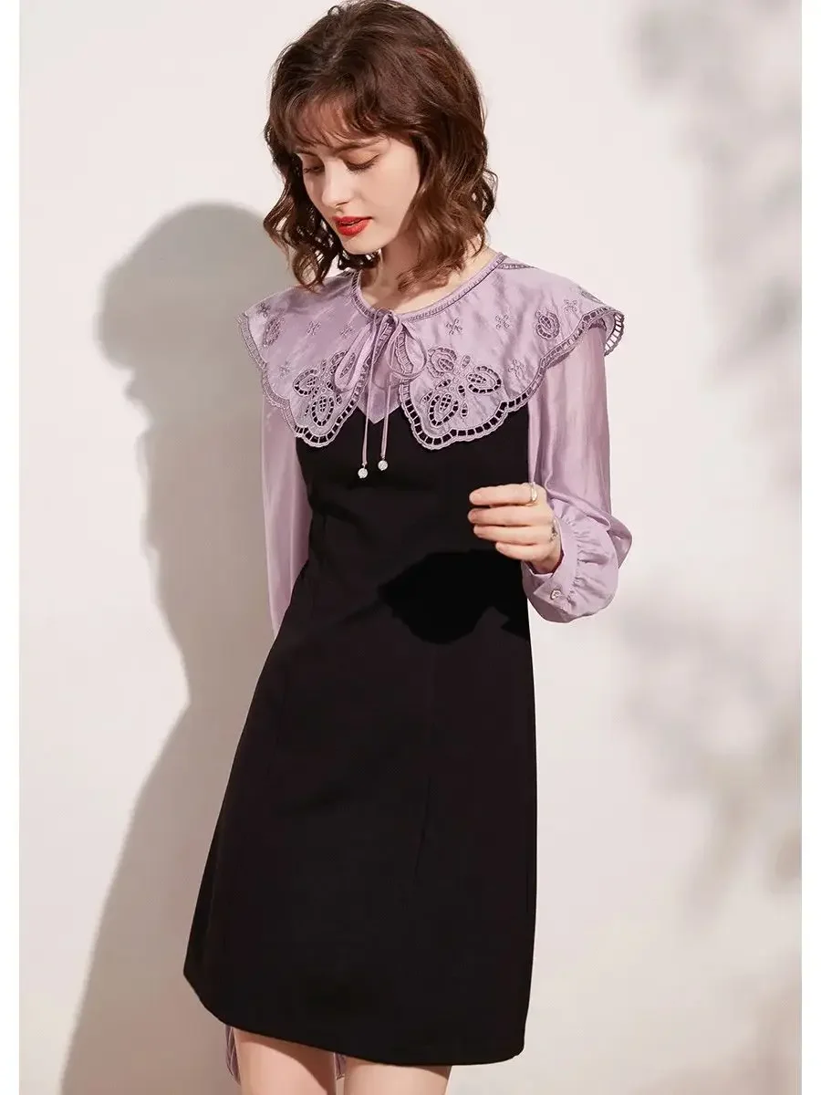 LOUIS YAO Women Dress Hollow Out Embroidered Round Neck Big Collar Long Sleeve Slim Fit A-line Elegant Mid Length Dress