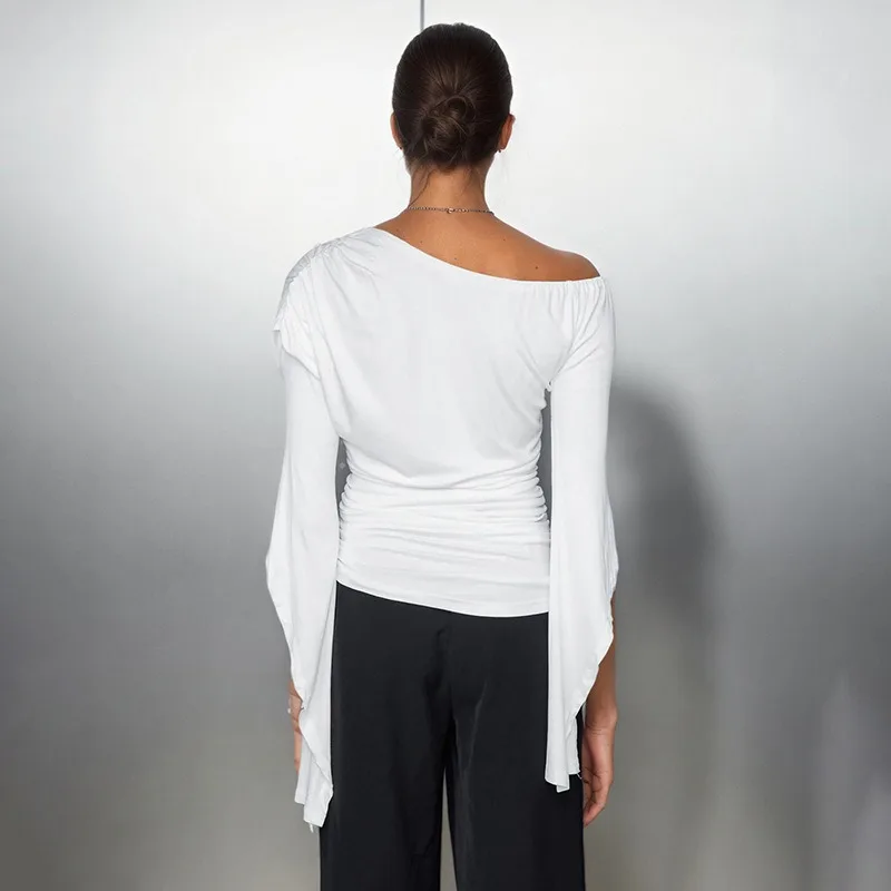 

Talenza White Long-Sleeved T-Shirt Women Summer One-Shoulder Drawstring Top Casual Streetwear Slim Pullover Top Female Outfits