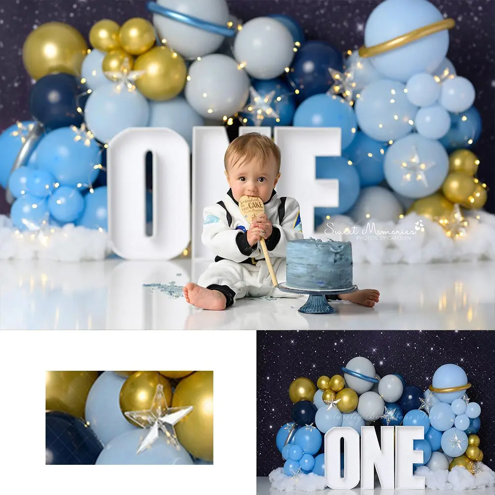 ONE Trip To Space Backdrop Kids Boys Birthday Cake Smash Photography Props Blue Balloons Child Adult Studio Backgrounds