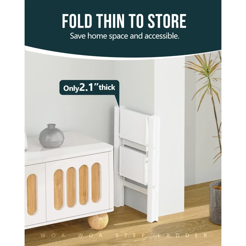 سلم ألومنيوم قابل للطي، سعة 300 رطل، دواسات مضادة للانزلاق، خفيف الوزن وموفر للمساحة للاستخدام المنزلي (خطوةان، أبيض) #6