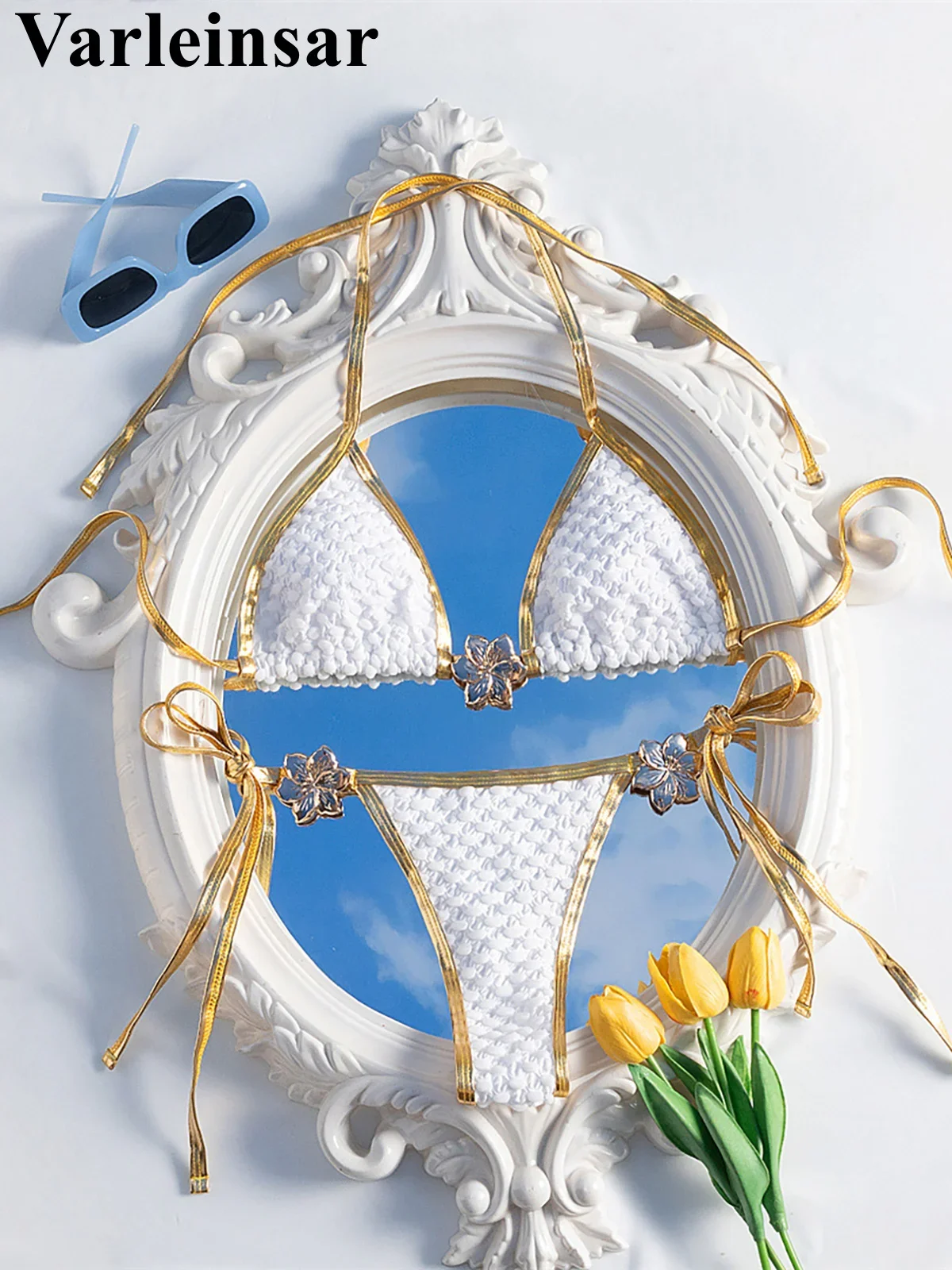 Metall Blumen Halter Faltig Bikini Weiblichen Badeanzug Frauen Bademode Zwei-stück Bikini set Gepolsterte Badende Badeanzug Schwimmen V6670