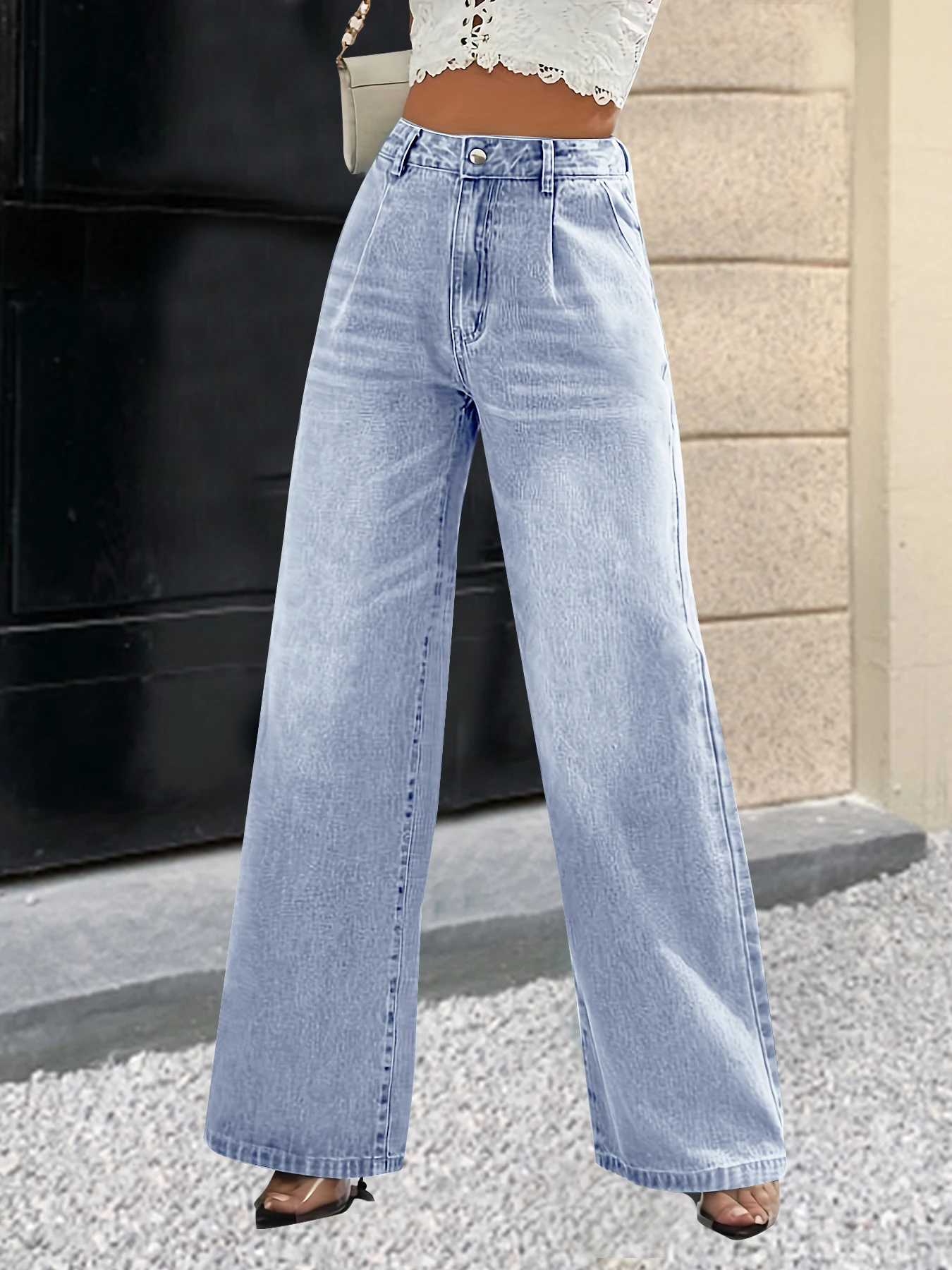 2024 new women\'s cross-border European and American style light blue jeans women\'s straight pants slimming casual out all-match