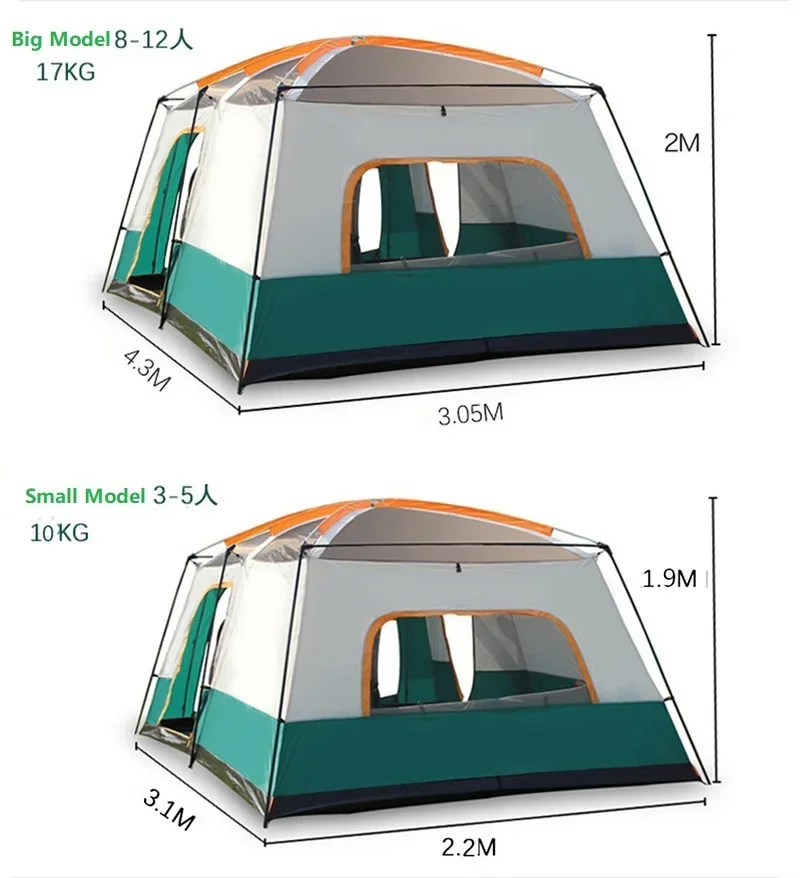 Thickened Rainproof Family Tent, Two Rooms, Leisure Camping, One Layer, 4, 6, 8, 10 Person