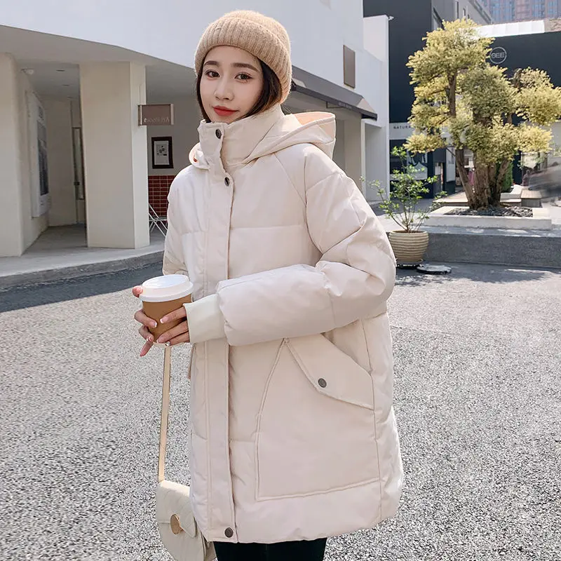 

2023 New Women Down Cotton Coat Winter Jacket Female Mid Length Version Parkas Loose Thick Outwear Hooded Leisure Time Overcoat