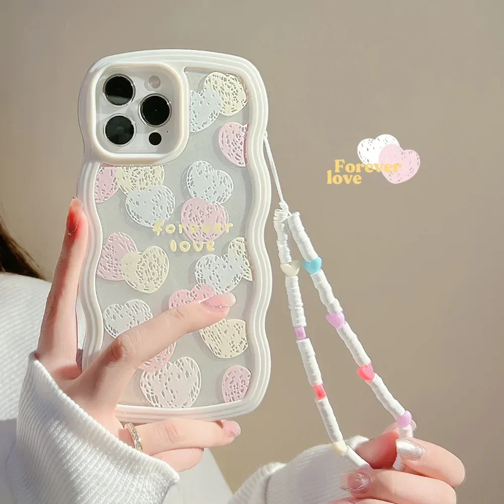 Korean Cute White Heart Makeup Mirror Case For iPhone 14 15 Pro Max 13 11 12 14 Plus XS X XR Shockproof Soft Cover with Lanyard