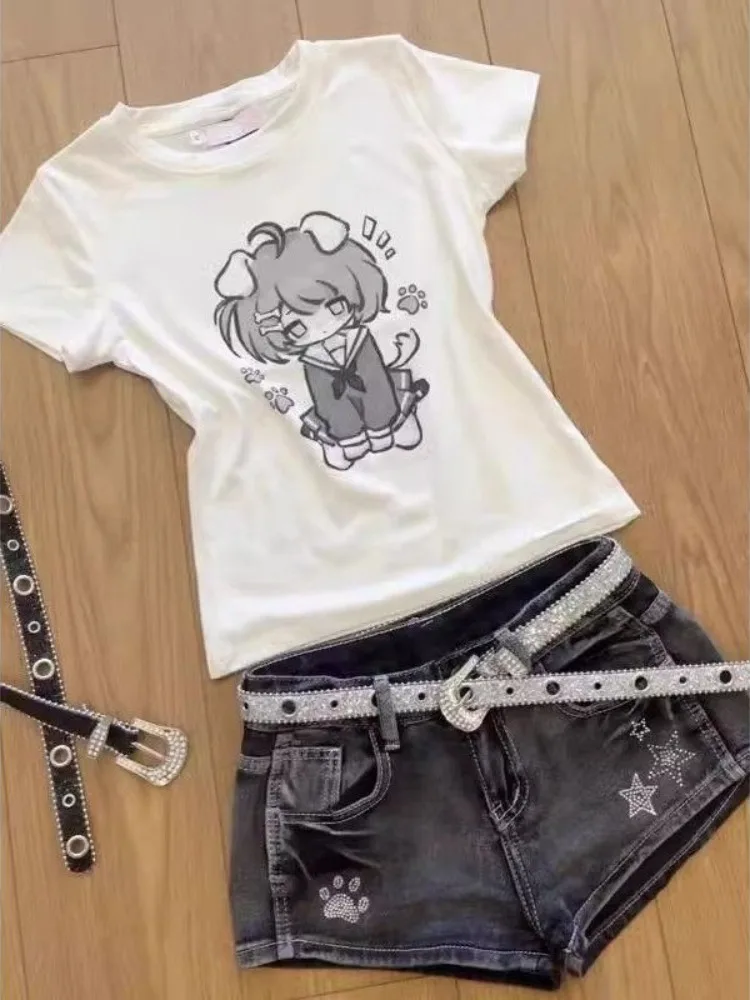 

Short-sleeved Shoulder Day Cute Puppy Print Pure Cotton Short-sleeved T-shirt for Women 2025 Slim Fashion Sweet Cool Top
