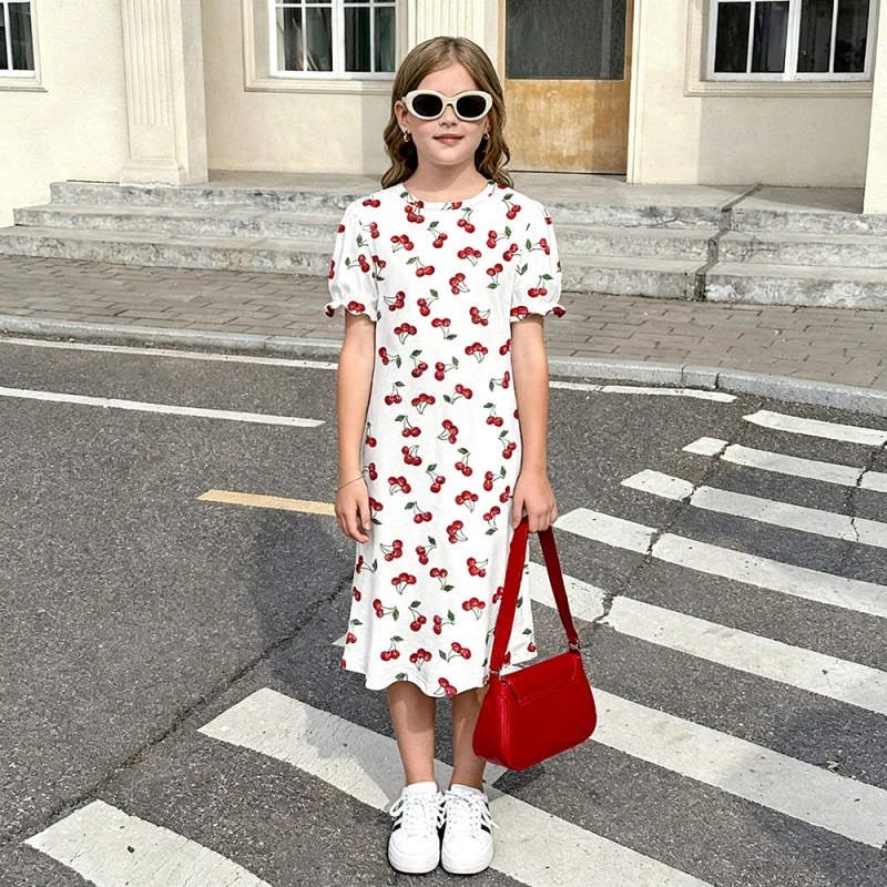 

2025 Girls Cherry Print Puff Sleeve Midi Dress - Cute Summer Casual Dress for Kids, Perfect for Party & Daily Wear