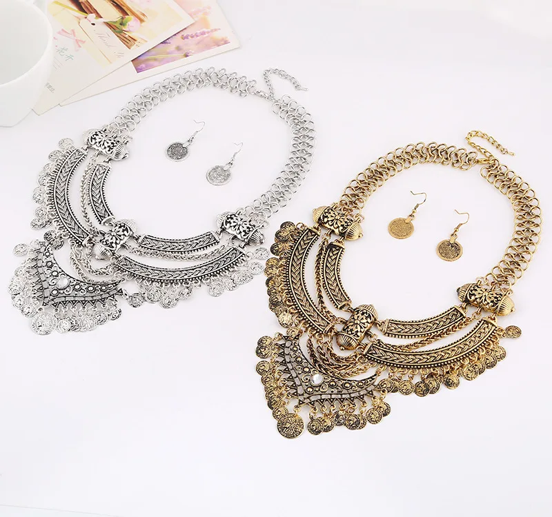 Bohemian Vintage Coin Tassel Statement Necklace Women Baroque Ethnic Style Sliver Color Necklace Party Jewelry Set