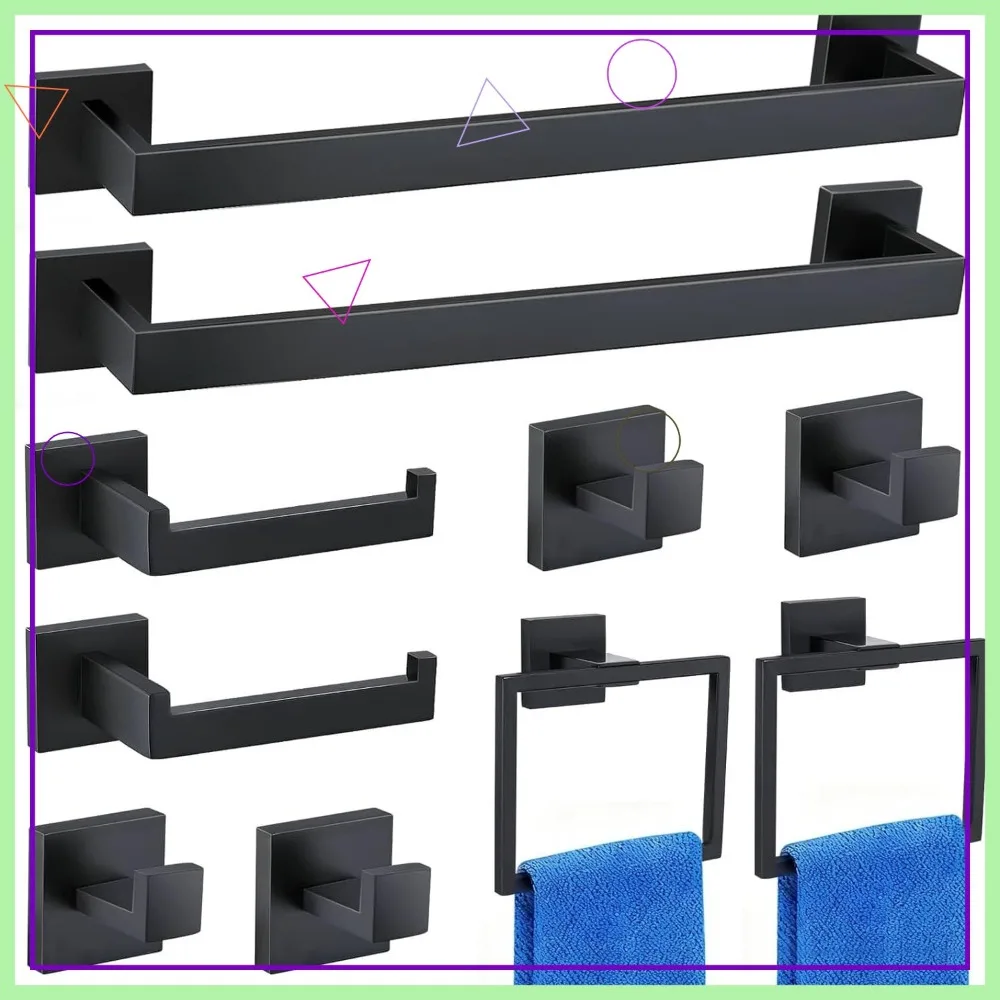 

Matte Black 10-Piece Bathroom Hardware Set, 15.6 Inch Towel Bar, Stainless Steel Wall Mounted Accessories