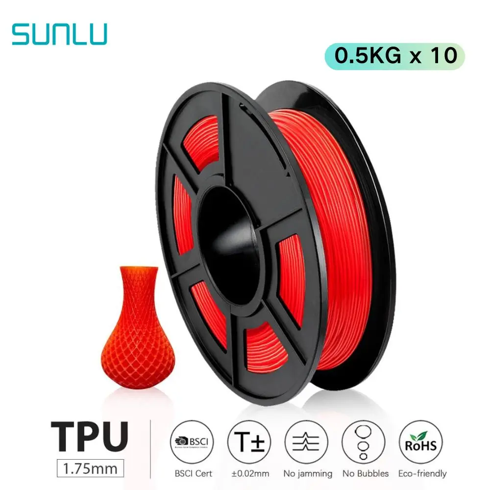 SUNLU TPU 95A Filament 10 Rollen 0,5KG/Rolle 1,75mm für 3D-Drucker |   Hohe Elastizität + Hitzebeständig |   Schneller Versand |   Rote Farbe
