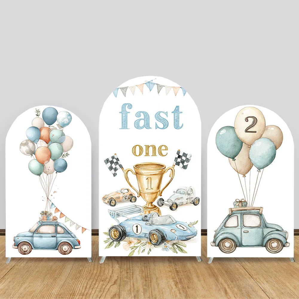 

Custom 2-Sided Blue Race Car Racing Fast One Boy Birthday Party Baby Shower Cover Chiara Arch Background Decor Backdrop
