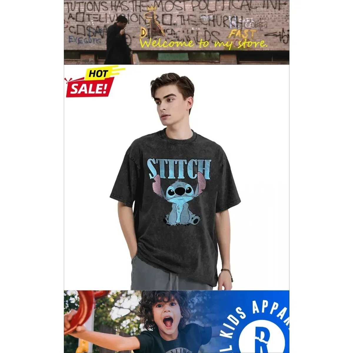

Shidizai Washed and Old High-quality Animation Blue Cute Cotton T-shirt Leisure School Activities Comic-Con Peripheral Clothing