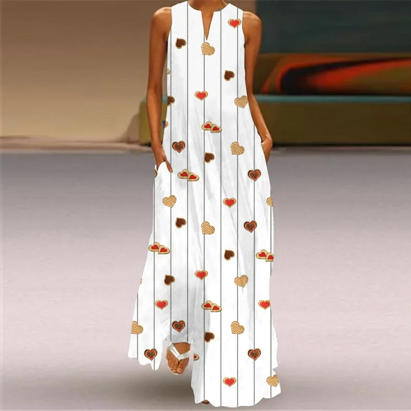 Frauen Herz Druck Kleider Sexy Ärmellose V-ausschnitt Sommer Boho Strand Party Kleid Sommerkleid Casual EINE Linie Lose Lange Maxi Kleid Robe