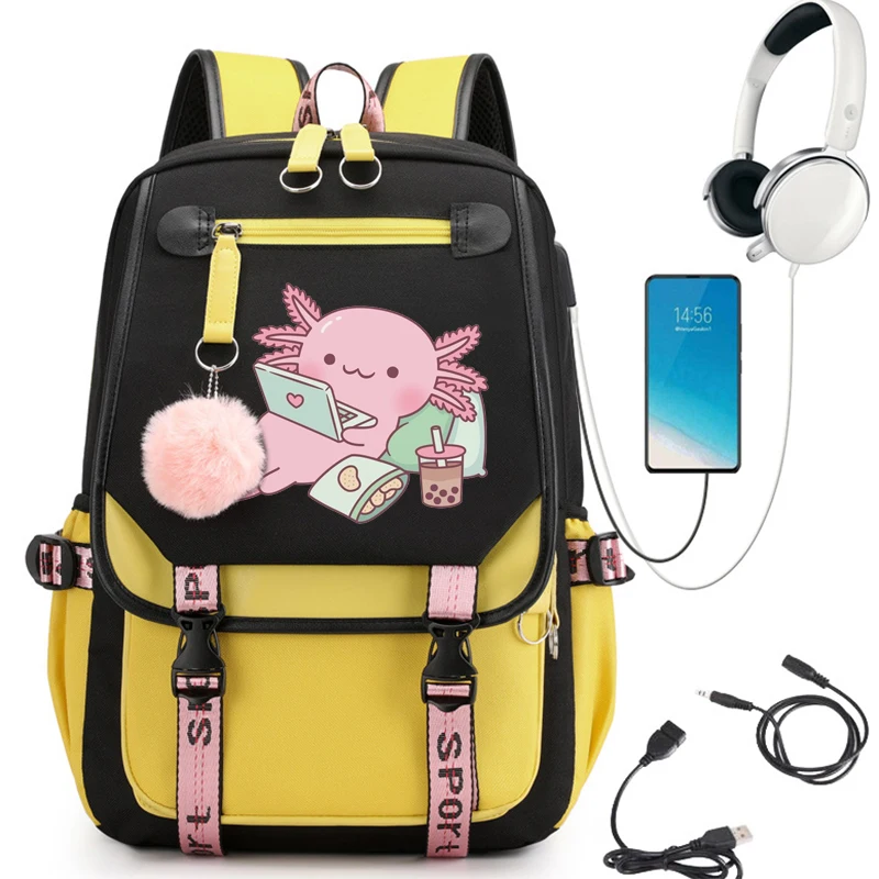 Teenager Bücher tasche Nylon Rucksack niedlich chilling Axolotl Mode Mädchen Bagpack Frauen Umhängetasche High School Schult asche schwarz Mochila