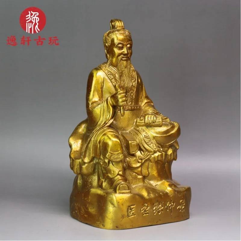 Pure copper statue of the medical sage Zhang Zhongjing, brass sculpture for pharmacy and hospital decoration, Hua Tuo God of Med