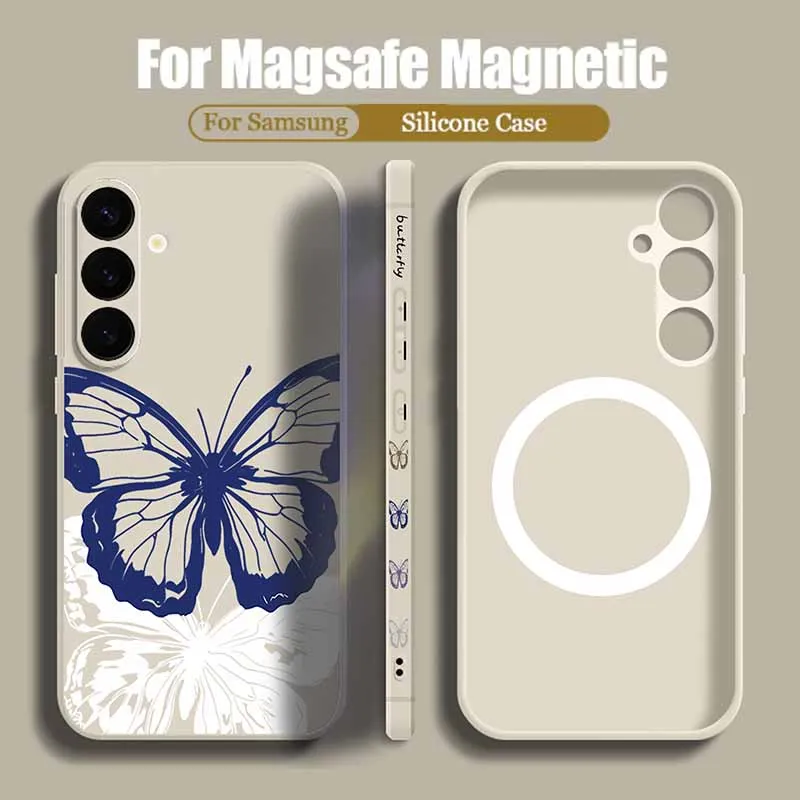 حافظة مغناطيسية على شكل فراشة زرقاء لهاتف سامسونج جالاكسي S24 FE S25 S24 S23 S22 Ultra Plus لغطاء الهاتف الناعم للشحن اللاسلكي Magsafe