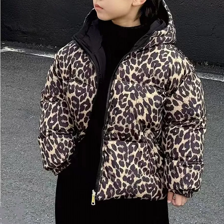 New 90-170 Boy  Winter Down Jacket Leopard Two Sides Wear Kids Baby  Coats  Children   Autumn  2025-A095