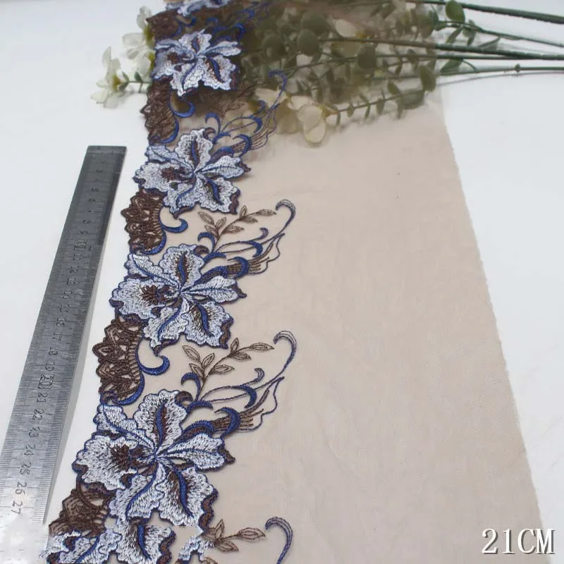 

55Yards Embroidered Floral Mesh Lace Fabric 21cm Brown Soft Tulle Embroidery Lace Trim for Women Clothing Skirt Decoration