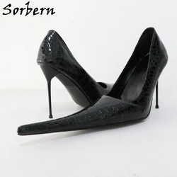 Sorbern Stone Black Women Pumps Slip On Snakeskin 12cm Steel Heels Size US4-16 Shoes Unisex Fetish Custom Super Long Pointed Toe