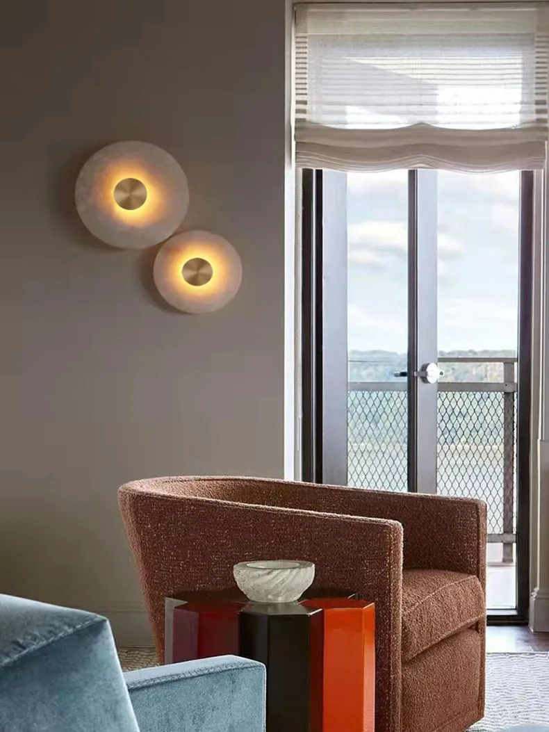 Art Deco Round LED Wall Sconce Natural Marble Brass