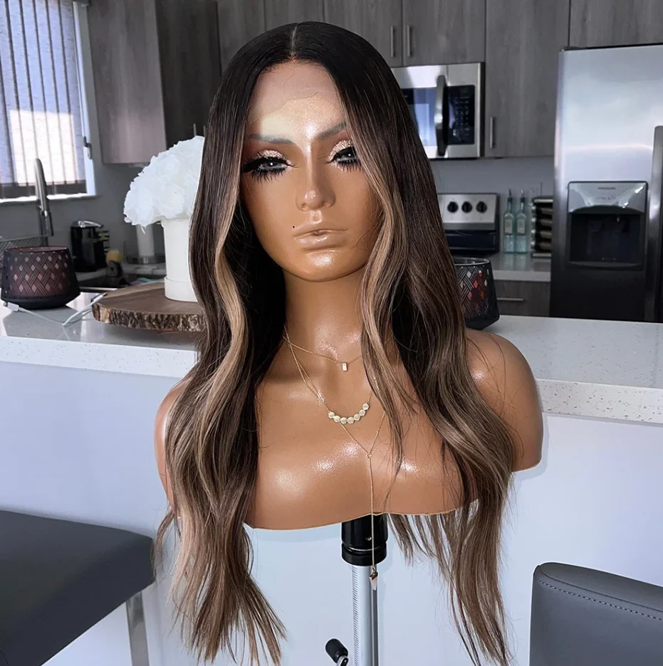 

Blonde Highlight Lace Front Wig With 13 By 4 Dark Roots Dark Brown Heat Safe Synthetic Wigs For Women Long Wavy Hair Brown Wig