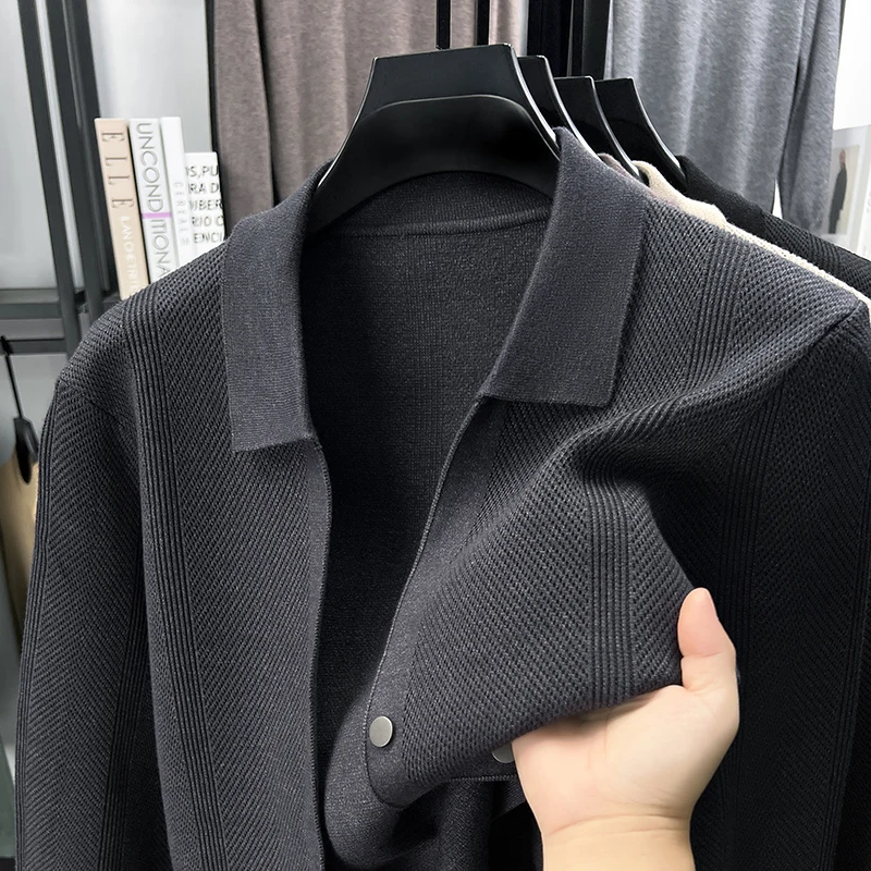 Men's Knitting High Quality Autumn Winter Knit Cardigan Single-Breasted Lapel Leather Label Long Sleeves Sweater Leisure Coat