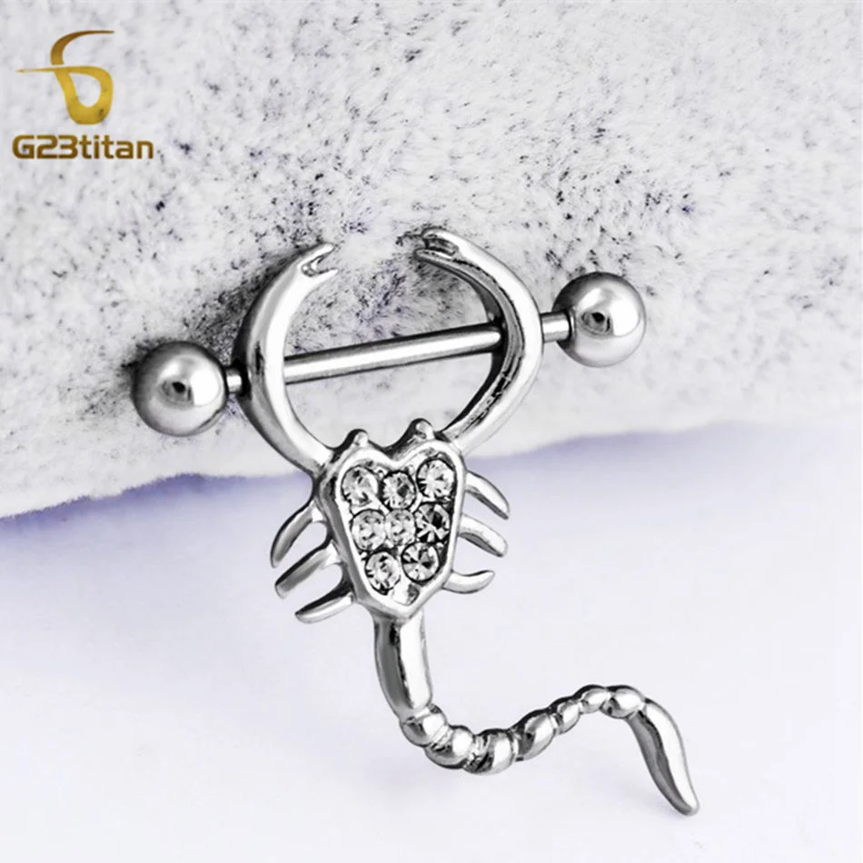 G23Titan 2pcs Crystal Scorpion Nipple Ring 14G Stainless Steel or Titanium Barbell Nipple Piercing For Women Sexy Beach Jewelry