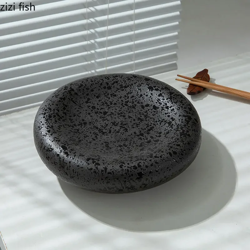 Ceramic Dinner Plate Creative Irregular Texture Dessert Plate Snack Plate Thick Soup Bowl Salad Bowl Home Solid Color Tableware