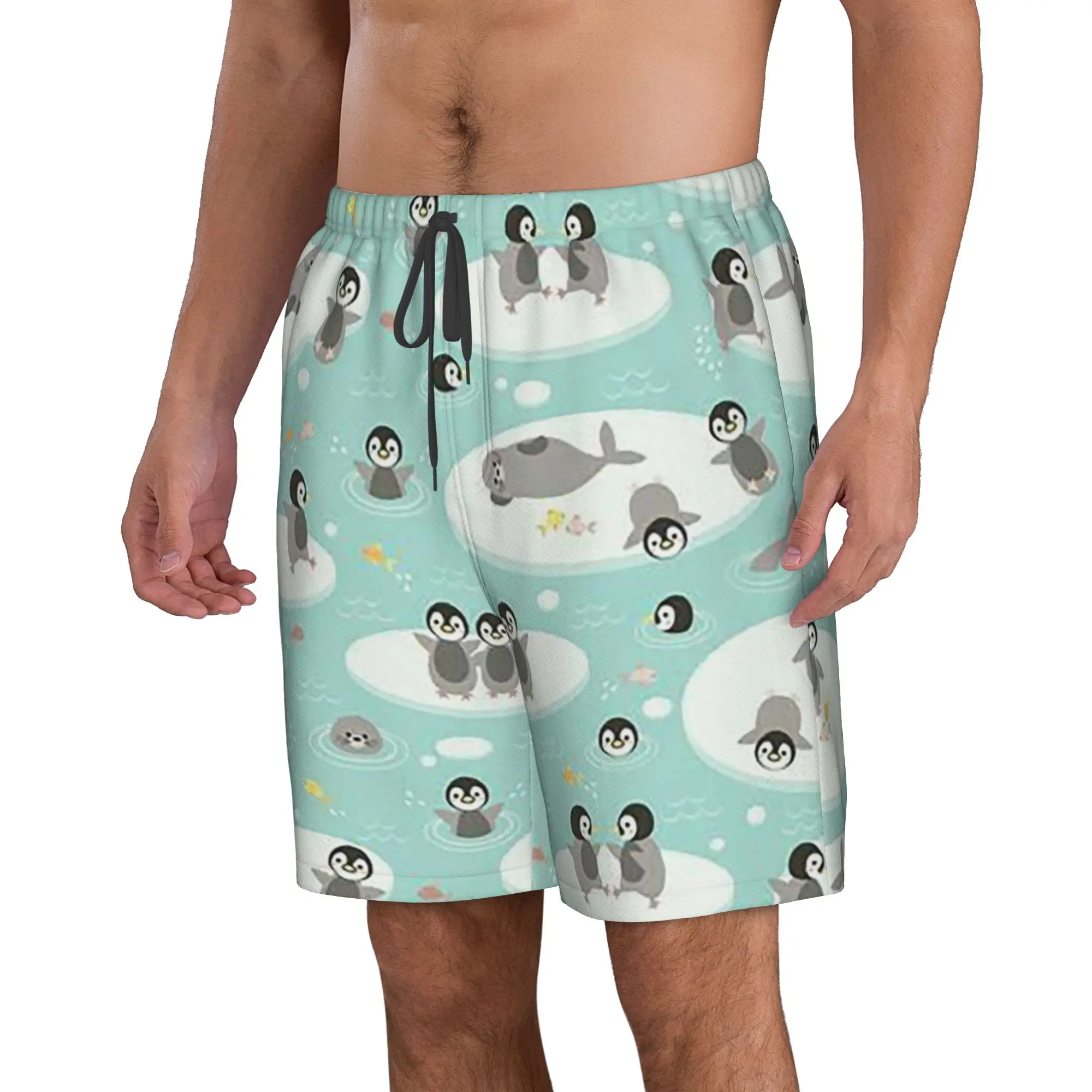 Polar Penguin Ice Surface Penguin Pattern Trunks Beach Board Shorts Casual Quick Dry Swim Summer Men Pants