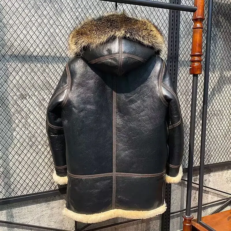 Luxury Man Genuine Sheepskin Lambskin Jacket 100% Real Natural Shearling Wool Liner Coat for Male Raccoon Fox Fur Hood XXXXXXXXL