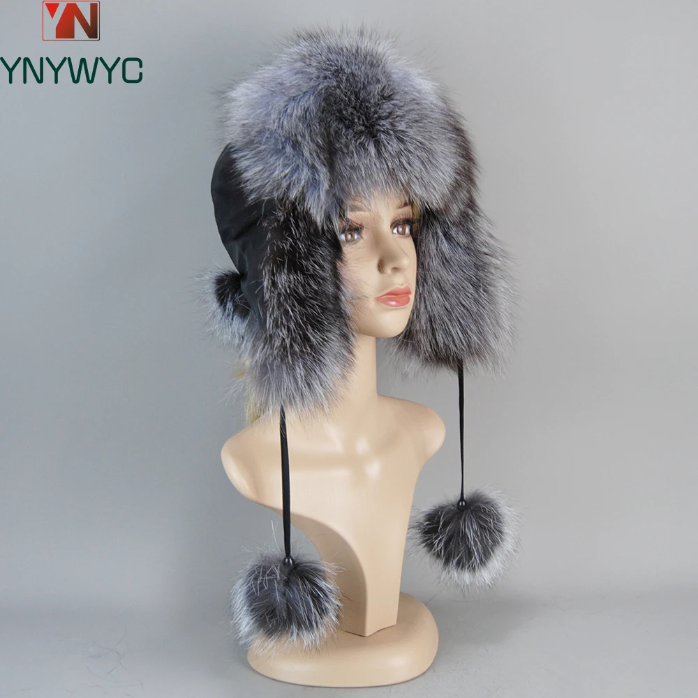 

Hot Sale Women Natural Fox Fur Russian Ushanka Hats Winter Thick Warm Ears Fashion Bomber Hat Lady Genuine Real Fox Fur Cap