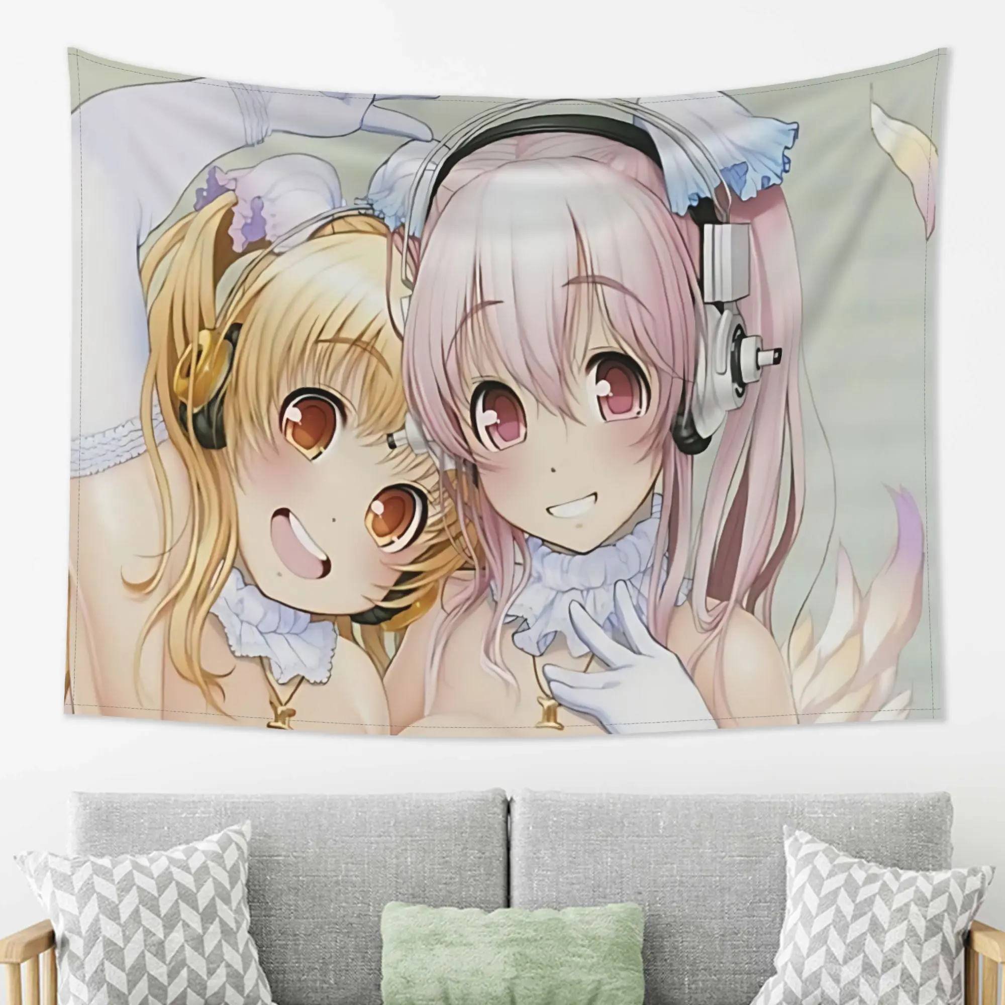 Super Sonico & Super Pochaco Tapestry Anime Wall Hanging Aesthetic Room Decor Cool Room Stuff Background Cloth for Bedroom Dorm