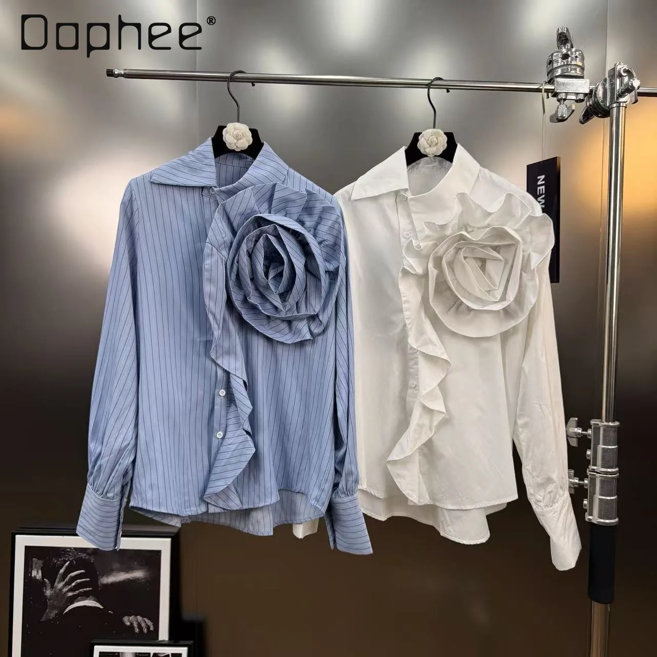 

Осенняя ретро тяжелая трехмерная рубашка в полоску с большим цветком и длинными рукавами, элегантная милая свободная рубашка с рюшами по краям для женщин