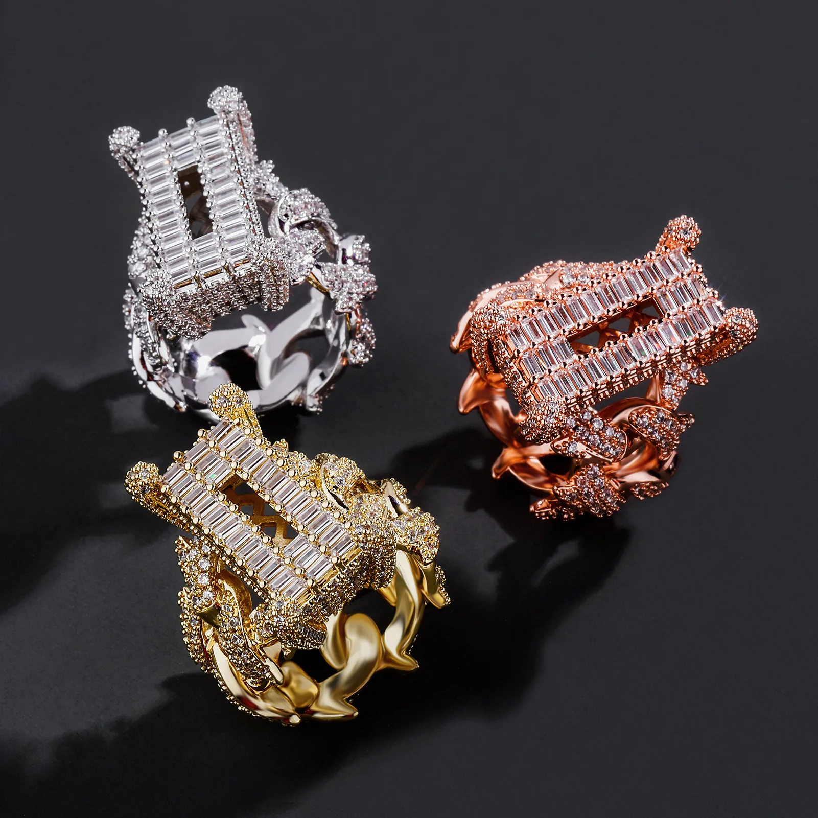 Iced Out Spiked Thorn Cuban Link Ring Men Baguette CZ Full Paved Wide Band Ring Hip Hop Rapper Stage Jewelry Wholesale