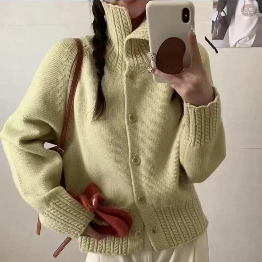 

Korean Style Women Knitted Cardigan Solid Long Sleeve Lapel Sweater Autumn Winter 2025 Solid New Casual Button Sweater Coat Tops