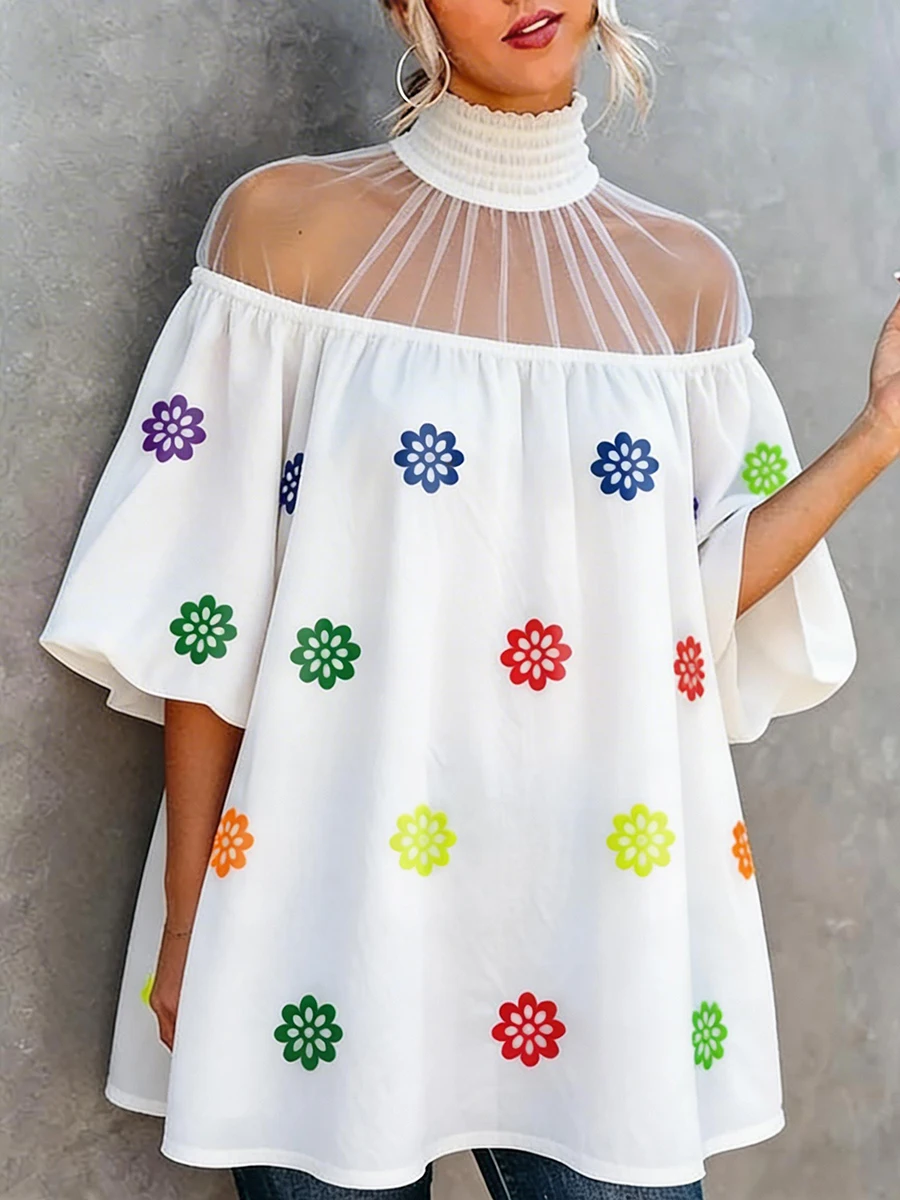 Missuoo Women's Multicolor Floral Print Puff T-shirt Sheer Mesh Mock Neck Off Shoulder Loose Casual Puff Sleeve Vacation Shirt