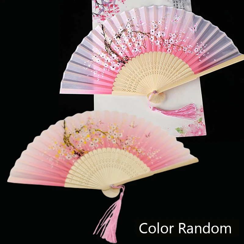 Retro Chinese Style Folding Fan Silk Cloth Plum Blossom Pattern Hand Fan Classical Dance Fan with Tassel Home Decoration Crafts