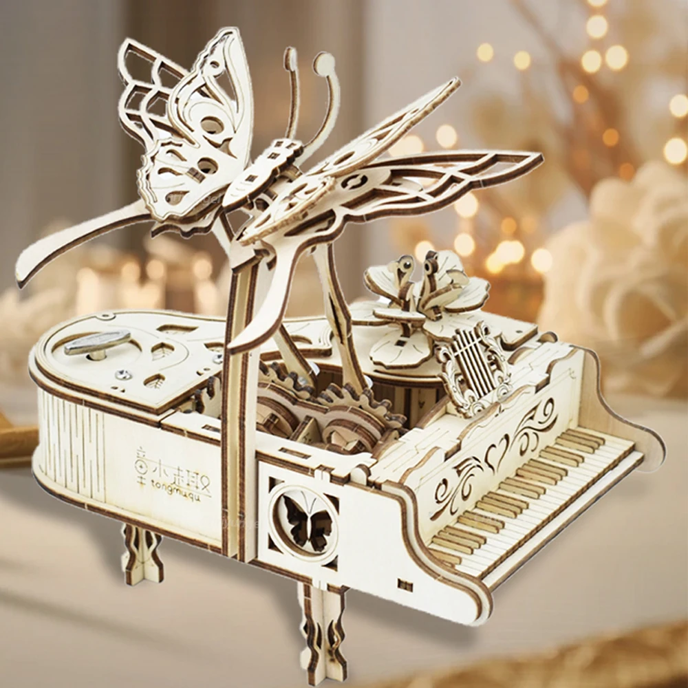 Drewniane puzzle 3D Pozytywka Zestaw modelarski do samodzielnego montażu Instrument muzyczny Zestawy do budowania Wystrój domu Rzemiosło Prezent dla