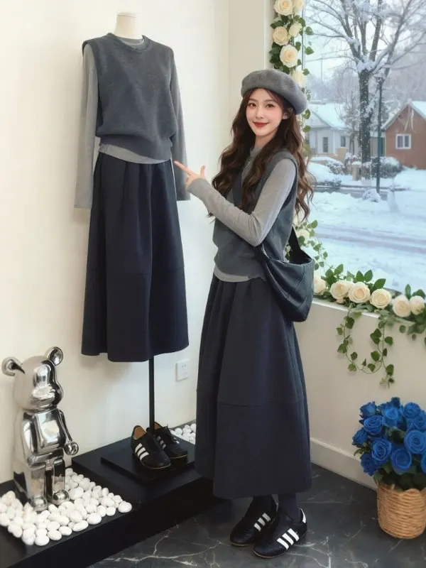 

Korean Sle Tee-Piece Set Lazy Sle Vest Base irt f Skirt Comfortable Warm Mid-Elastic High Waist round Ne T-irt