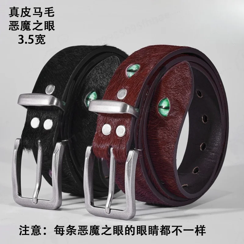 Unisex Genuine Leather Horsehair Belt Devil Eye Pattern Metal Pin Buckle Trendy High Texture Decor Waist Strap For Jeans